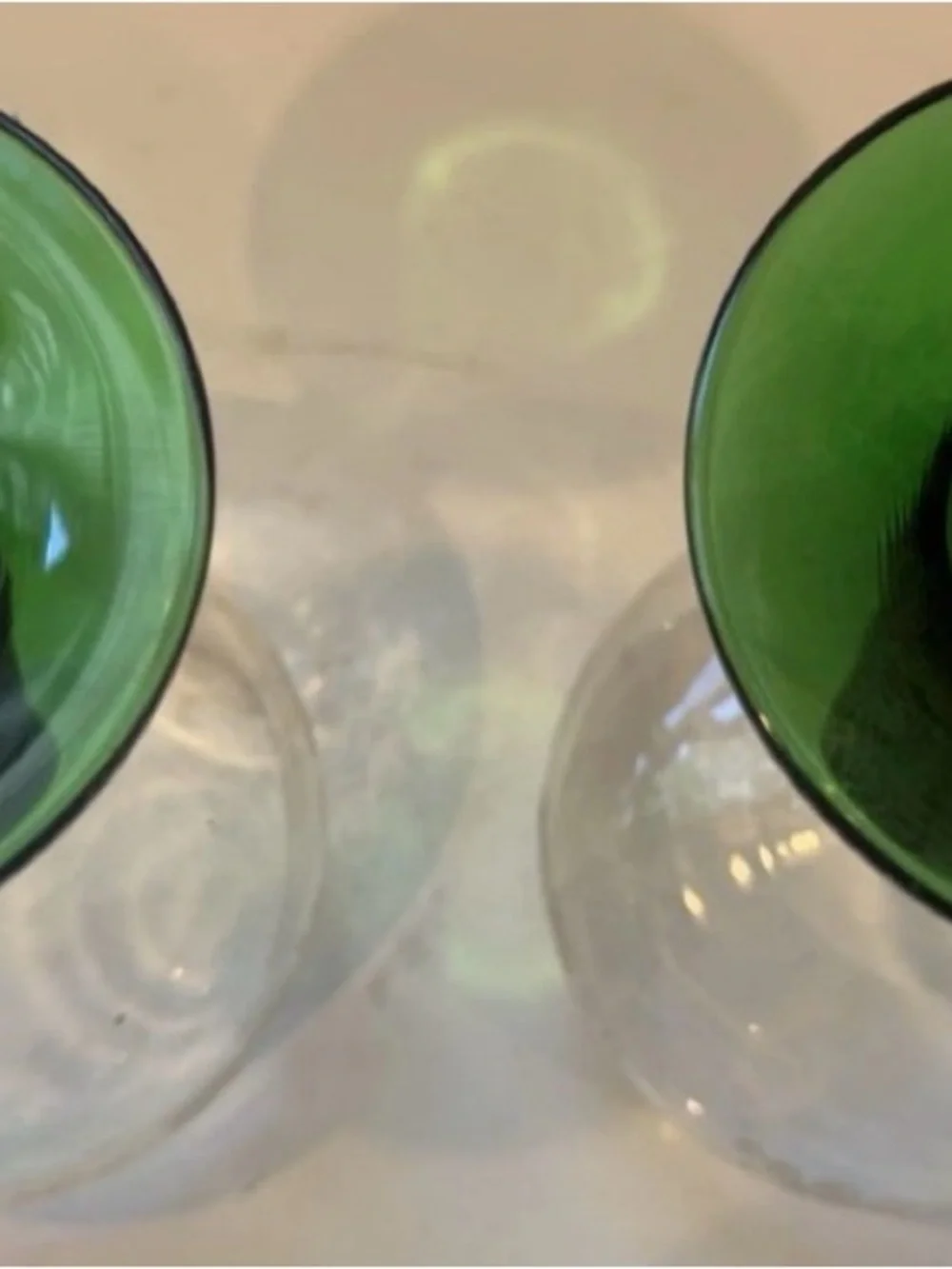 2 Vintage Luminarc France Etched Grapevine Ringed Ribbed Green Stem Wine Glasses